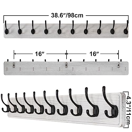 SKOLOO Farmhouse Style Large Wall Mounted Coat Rack-38.6'' Long, Pine Solid Wood Coat Hook Hanger - 10 Hooks for Hanging Clothes Robes Towels Coats - color: White Plate & Black Hook, size: 1 Item-10 Hooks