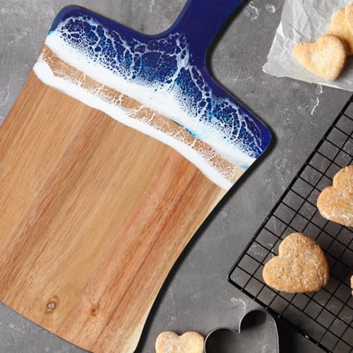 Cutting Board for Kitchen – 14.2" x 8.3" Wooden Serving Board with Handle for Steak Bread Cheese & Fruits – Blue ocean Resin Chopping Board, Easy to Clean - color: Blue