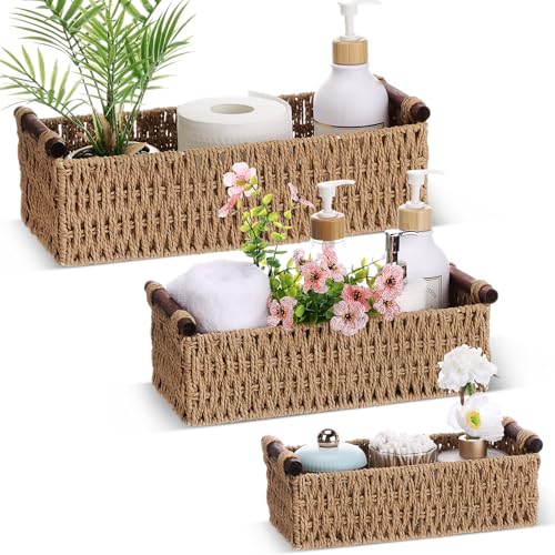 Boao 3 Pcs Boho Storage Wicker Baskets Handmade Woven Decorative Paper Rope Baskets for Organizing with Handle Countertop Toilet Paper Storage Container for Toilet Tank Top(Natural Color,Rectangle) - color: Natural Color, style: Rectangle