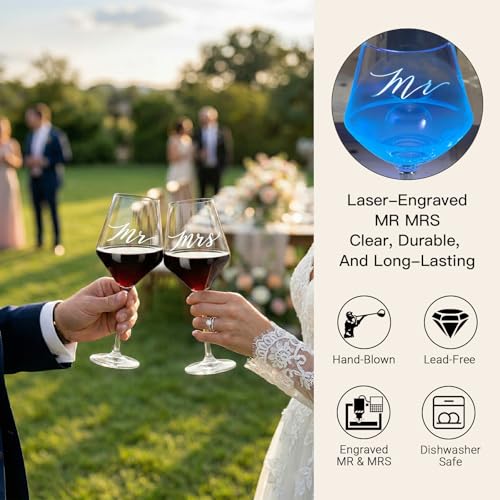 Wedding/Anniversary/Engagement/Bridal Shower and Bachelorette Gifts for Couples,Bride & Newlywed, Engraved Mr and Mrs Wine Glasses with 5-Piece Wine Accessory Kit - style: Mr & Mrs + Box