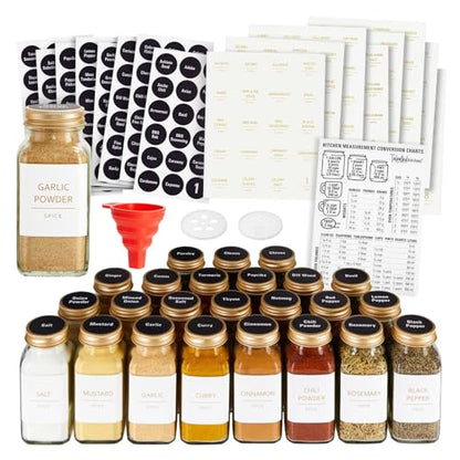 Talented Kitchen Spice Jars - 24-Pack 6 oz Glass Jars with Gold Shaker Lids - 328 Preprinted Labels & Silicone Funnel - Seasoning Organizer for Kitchen Storage