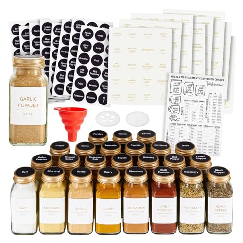 Talented Kitchen Spice Jars - 24-Pack 6 oz Glass Jars with Gold Shaker Lids - 328 Preprinted Labels & Silicone Funnel - Seasoning Organizer for Kitchen Storage