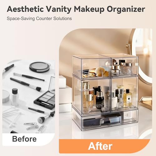 Hvygss Clear Stackable Storage Drawers, Countertop Bottle Organizer 5-Pack | Pull-Out Drawers, Waterproof, Dustproof, Bpa-Free, Space-Saving, For Vanity, Bathroom, Kitchen, Cabinet, Pantry