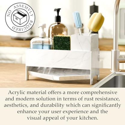 TIDIIABODE Sink Caddy Organizer for Kitchen Counter - White Marble Acrylic Sponge & Soap Bar Holder with Brush Slot, 9.2" Wide Countertop Storage Rack, Self-Draining, Rustproof