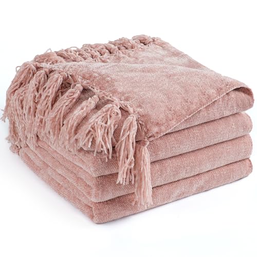 Chenille Throw Blanket for Couch 50" x 60", Dusty Pink | Soft Cozy Throws with Fringe Tassel, for Living Room Bed Sofa Chair Cover, Lightweight Knitted Boho Blankets Christmas Decor - color: Dusty Pink, size: 50x60 inch