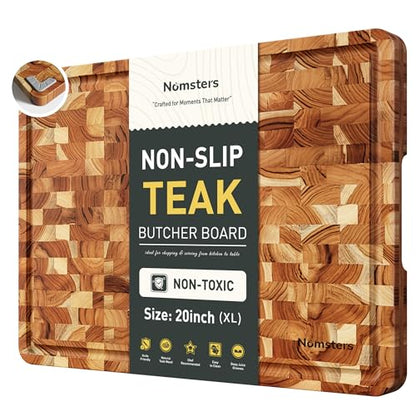 Teak Wood Extra Large End Grain Cutting Board for Kitchen with Non-slip Feet, Heavy Duty Checkered Cutting Board Handcrafted Luxury Chopping Board for Cheese and Vegetables Housewarming Gift - size: 20"L x 15"W