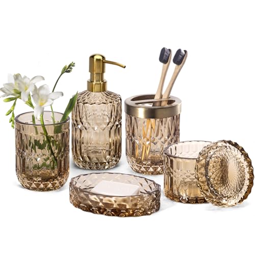 EMPO 6PCS Bathroom Clear Glass Accessories Set (Lotion Soap Dispenser, Soap Dish, Toothbrush Holder, Tumbler, Cotton Swab Jar), Contemporary Modern Decor Crystal Vintage Gift (6pcs Brown) - style: 6pcs Brown