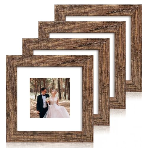 iRahmen 6x6 Picture Frame Set of 4 with Real Glass, Rustic Frames Display 4x4 Picture with Mat or 6 x 6 Without Mat, Wood Square Photo Frame for Wall Mount and Tabletop Display - color: Brown, size: 6X6