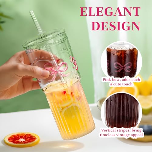 22 Oz Ribbed Glass Cups with Lids and Straws Set of 2, Glassware Set with Pink Bow Glass Tumbler Iced Coffee Cups, Ideal for Iced Coffee, Tea, Milk, Smoothie, Hot Drinks
