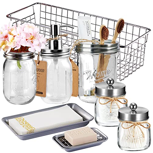 SheeChung 8PCS Mason Jar Bathroom Accessories Set Complete - Brushed Nickel | Includes Soap Dispenser, Toothbrush Holder, 2pcs Qtip Holders, Flower Vase, Soap Holder, Vanity Tray, Toilet Paper Storage - color: Brushed Nickel