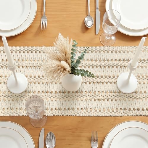 Betylifoy Boho Macrame Table Runner 94Inches Farmhouse Woven Tassels Runner | Cream Beige Rustic Burlap Table Runners Cotton Linen Coffee Table Runner for Bohemian Dining Kitchen Dresser Table Decor - size: 12x94in