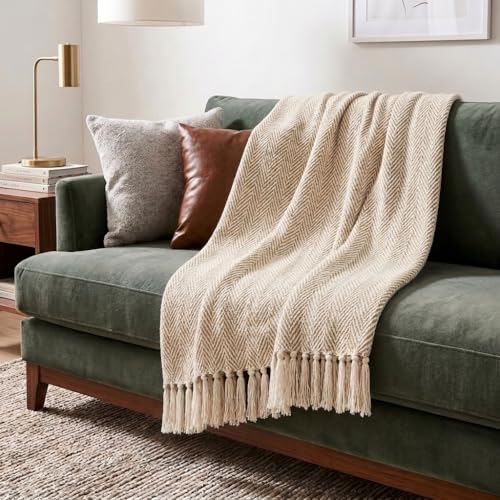 Americanflat 50x60 Throw Blanket - Soft and Breathable Cotton Throw Blanket for Couch, Bed, Chair - Decorative Blankets Perfect for Home, Office, or Outdoor Use - Khaki and Beige Herringbone Design - color: Zaina Camel and Beige Herringbone, size: 50x60