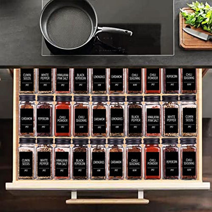 Churboro 25 Pack Glass Spice Jars with Labels, 4oz Spice Containers | Square Spice Bottles with Black Caps, Shaker Lids, 547 Labels, Funnel & Chalk Pen. Keep Seasoning Jars Neat and Organized