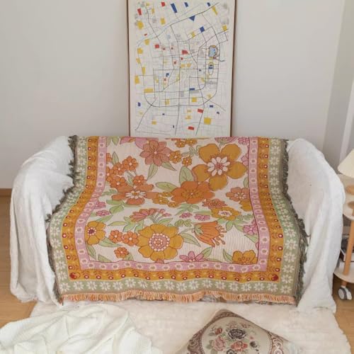 Versatile Floral Throw Blanket - Soft, Breathable Cotton for Couch & Bed, Decorative Art Style, Machine Washable