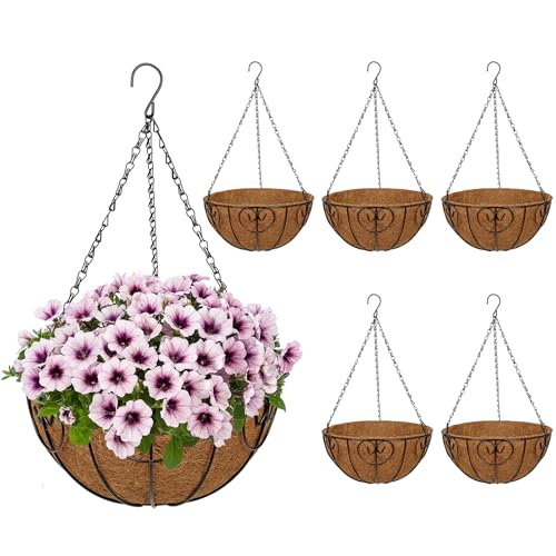 12 inch Metal Hanging Baskets for Plants Outdoor, 6 Pack Metal Wire Hanging Basket Planter with Coco Liner Flower Pots for Indoor Outdoor Garden Porch Patio, Heart-Shaped - size: 12" x 6 Pack, style: Heart