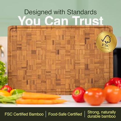 Cactus & Cubby Premium Bamboo Cutting Board. Deluxe Deep Carbonised End Grain Wooden Cutting Board. 16.5" x 11.8". Pre-oiled Butcher Block for Prepping & Serving. Knife Friendly