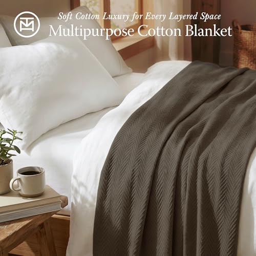 Threadmill Luxury Cotton Blankets for Queen Size Bed | All-Season 100% Cotton Queen Size Blanket | Herringbone Cozy, Soft Breathable Fall Thermal Blanket fits Full Size Bed | Espresso - color: Espresso, size: Queen (90" x 92")