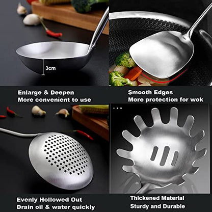 Stainless Steel Kitchen Cooking Utensils Set 6 PCS Dishwasher Safe | Food-grade 304, All Metal, 12-13.6", Wok Spatula, Ladle, Skimmer, Slotted Spatula Turner, Spaghetti Spoon, Large Spoon - color: Natural 6