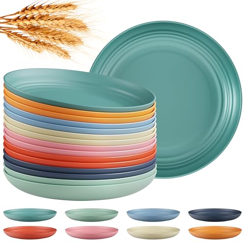 Quatish 16 PCS Reusable Plastic Plates,8 inch Dinner Plate,Multi-Color | Unbreakable,Dishwasher & Microwave Safe, Easy-to-Clean,Lightweight,Portable,for Camping Salad, Kitchen & Picnics,Wheat Straw - color: Multicolor
