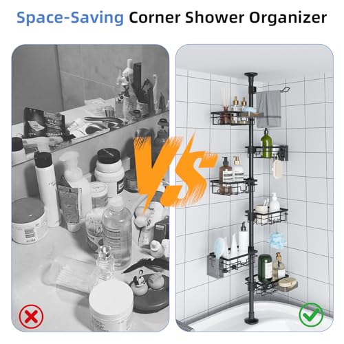GearFusion Shower Caddy Organizer Tension Pole, Rustproof 4 Tier Corner Shower Rack with 25–114 Inch Adjustable Height for Bathroom Storage, Extra Towel Rack, Soap Dish and Toothbrush Holder, Black