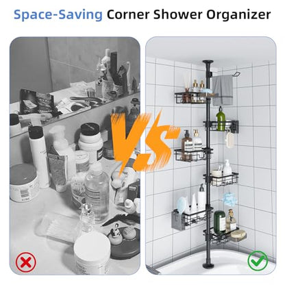 GearFusion Shower Caddy Organizer Tension Pole, Rustproof 4 Tier Corner Shower Rack with 25–114 Inch Adjustable Height for Bathroom Storage, Extra Towel Rack, Soap Dish and Toothbrush Holder, Black