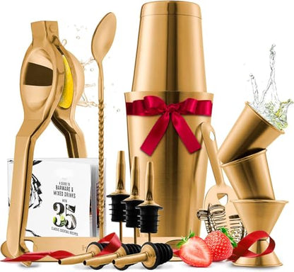 Bar Set Cocktail Shaker Set, Stainless Steel Mixology Bartender Kit, 16 Piece Cocktail Kit, Gold Cocktail Set, Bar Tools: 30oz Martini Shaker, Muddler, Bar Kit Cocktail Book, Jigger and Pourers - color: Gold, size: 16 Piece