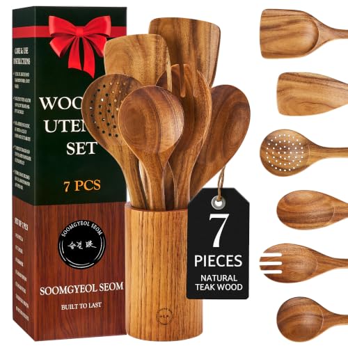 SOOMGYEOL SEOM 7-Piece Teak Wood Cooking Utensil Set with Holder | Natural Teak Wood, Uncoated, 6 Cooking Utensils & Holder, Nonstick Safe - size: 7 PCS Set