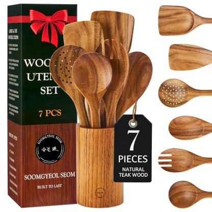 SOOMGYEOL SEOM 7-Piece Teak Wood Cooking Utensil Set with Holder | Natural Teak Wood, Uncoated, 6 Cooking Utensils & Holder, Nonstick Safe - size: 7 PCS Set