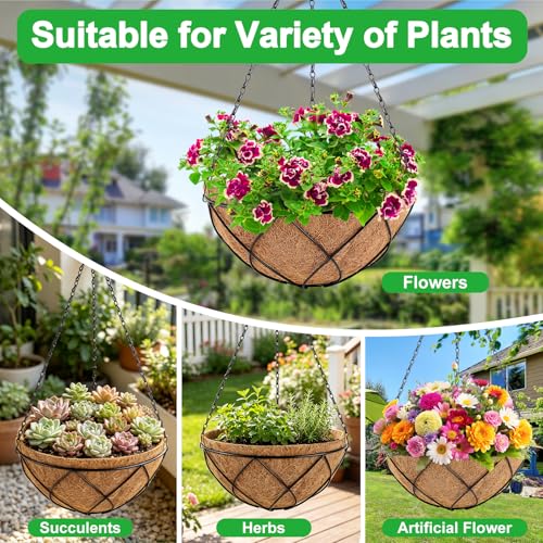 Hanging Baskets for Plants Outdoor, 4 Packs 12 Inch Metal Wire Hanging Planter with Coconut Liners, Flower Basket Pot for Outside Garden Patio Porch Balcony Fence