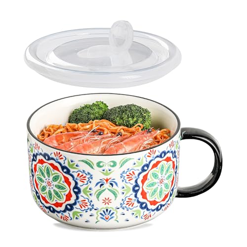 Jumbo Ceramic Soup Bowl with Lid, Microwave Safe - Pattern A | Soup Mug with Big Handle for Ramen Cereal Breakfast Meal Prep Office Lunch Dorm Living - 38 oz Extra Large Food Container - color: Pattern A, size: Set of 1