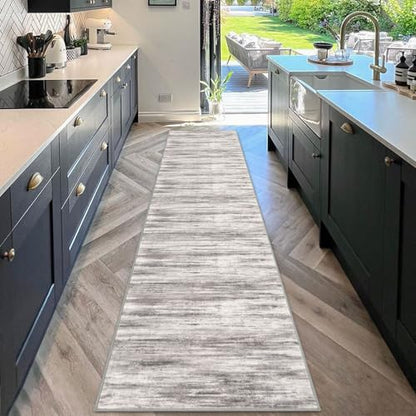 KOZYFLY Modern Abstract Hallway Runner, 2x10 Washable Rug Non-Slip Soft Striped Kitchen Runner Rug, Grey/Light Beige/Brown Print Carpet Runner for Entryway Bathroom - color: Grey/Light Beige/Brown, size: 2' x 10' (Runner)