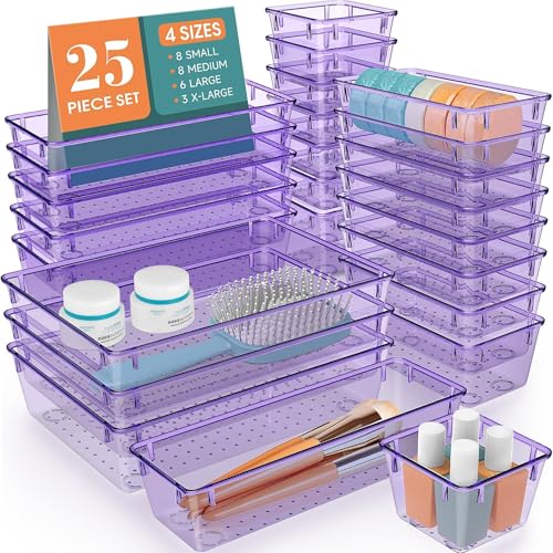 25 PCS Drawer Organizer Set, 5 Size Bathroom and kitchen organizer Trays | Bathroom and kitchen Drawer cabinet organizer Trays, Clear Storage Bins for Makeup, Jewelry, Utensils and Gadgets - color: Purple, size: 25 PCS