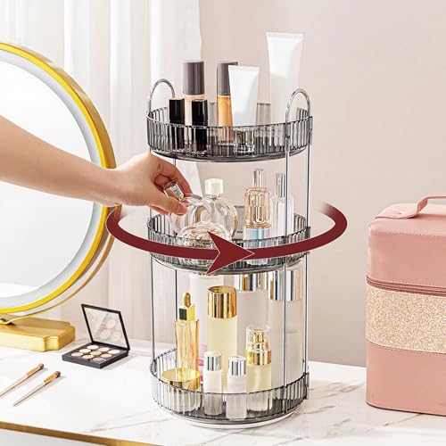 INVSSENE 360° Rotating Makeup Organizer, Bathroom Make Up Spinning Holder Rack, Large Capacity Cosmetics Storage Vanity Shelf Countertop, Fits Cosmetics, Perfume, Skincare, Lipsticks(3 Tiers, Gray) - color: Gray, size: 3 Tiers