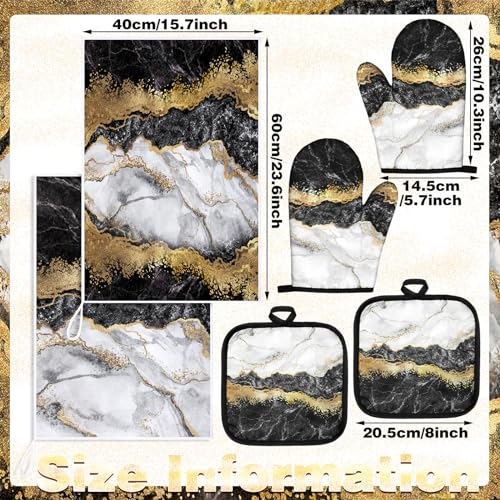 Sratte 6 Pcs Farmhouse Marble Kitchen Towels Pot Holders Oven Mitts Set 2 Dish Towels 2 Potholders 2 Cooking Mittens Oven Glove for Cooking Baking Grilling Supply (Black, Gold) - color: Black, Gold