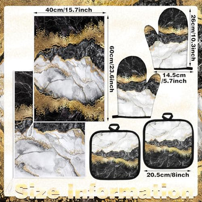 Sratte 6 Pcs Farmhouse Marble Kitchen Towels Pot Holders Oven Mitts Set 2 Dish Towels 2 Potholders 2 Cooking Mittens Oven Glove for Cooking Baking Grilling Supply (Black, Gold) - color: Black, Gold