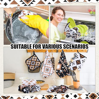 Teenyyou 8 Pcs Western Aztec Kitchen Towels Southwestern Pot Holders and Oven Mitt Set 4 Aztec Dish Towels 2 Rustic Absorbent Square Potholders 2 Heat Resistant Glove for Cooking Baking Home Gifting - style: Aztec