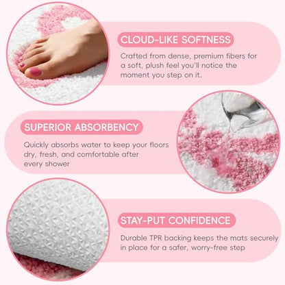 Pink Bow Bathroom Rug Set, 2-Piece Bow Bath Mat and U-Shaped Toilet Rug | Coordinated Tub-and-Toilet Styling; Scalloped Edges; Plush Microfiber; 16 X 24 In + 24 X 20 In; TPR Backing; Washable - color: Pink Bow