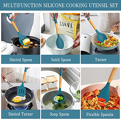 33 PCS Silicone Kitchen Utensils Set, Umite Chef Heat Resistant Cooking Utensils Set With Holder, Wooden Handle Kitchen Gadgets Tools Spatula for Nonstick Cookware