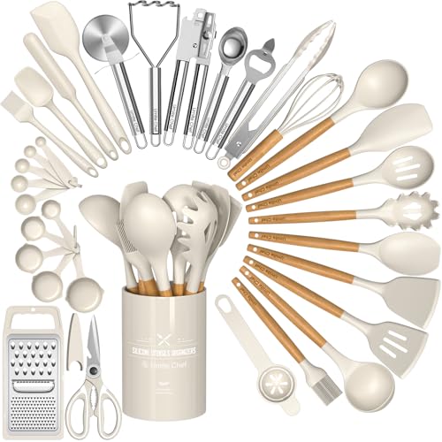 Umite Chef Food Grade Thickened Silicone (Stainless Steel Core) Kitchen Gadgets Tools Set - Kitchen Cooking Utensils Set, Heat Resistant Kitchen Spatula Tools Set - color: Khaki