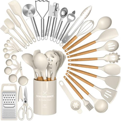 Umite Chef Food Grade Thickened Silicone (Stainless Steel Core) Kitchen Gadgets Tools Set - Kitchen Cooking Utensils Set, Heat Resistant Kitchen Spatula Tools Set - color: Khaki