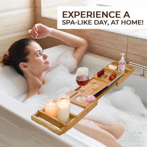 Premium Bamboo Bathtub Tray Caddy for Tub - Expandable Foldable Bath Tray - Unique House Warming Gifts, New Home, Anniversary & Wedding Gifts for Couple, Bath Table Bridal Shower Gift