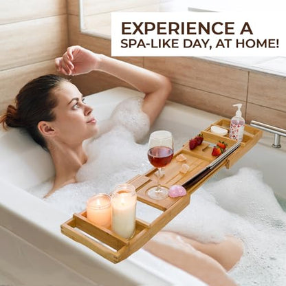 Premium Bamboo Bathtub Tray Caddy for Tub - Expandable Foldable Bath Tray - Unique House Warming Gifts, New Home, Anniversary & Wedding Gifts for Couple, Bath Table Bridal Shower Gift