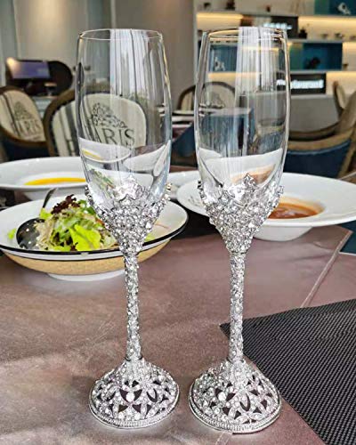 Champagne Flutes - Crystal Glass Metal Base With Crystal Stones, Set of 2 Toasting Flute Pair, Wedding Anniversary Party Birthday Banquets and Gifts for Bride and Groom(Silver) - color: Silver