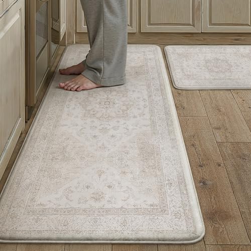 Kitchen Mats 2PCS Anti Fatigue Cushioned Mat Beige Vintage Kitchen Mats for Floor Waterproof Non Slip Comfort Standing Oriental Medallion Rug for Sink Laundry Office 17.3"x47"+17.3"x30" - color: Distressed | Beige, size: 17.3"x47"+17.3"x30"--0.4inch