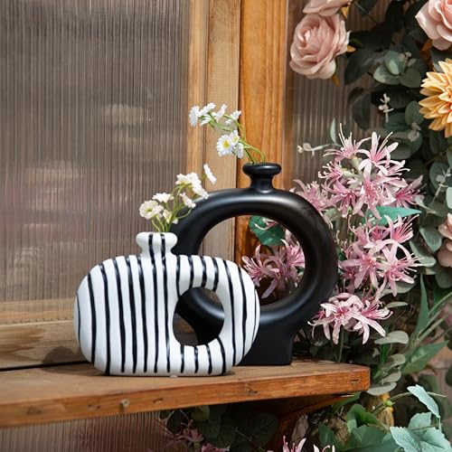 Relexome Donut Vases Set of 2,Black & White Striped Hollow Ceramic Flower Vases,Modern Nordic Minimalist Round Decorative Vase for Pampas Grass,Dried Flowers,Living Room,Table Centerpiece & Home Decor