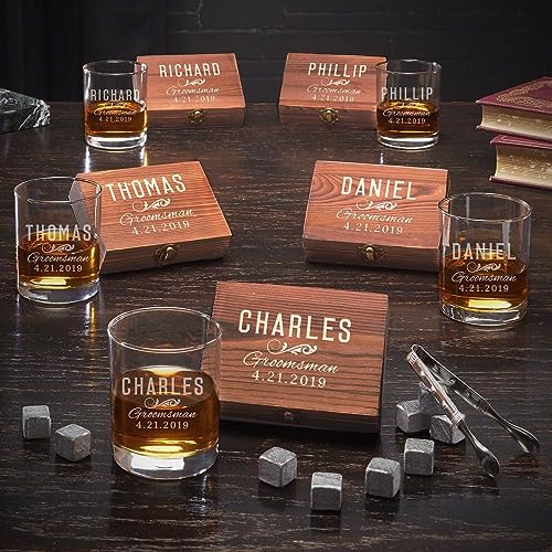 Custom Whiskey Stones and Liquor Glass Set for Groomsmen by HomeWetBar - Set of 5 Whiskey Kit and Accessories