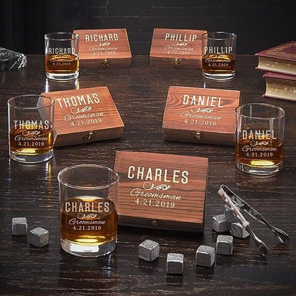 Custom Whiskey Stones and Liquor Glass Set for Groomsmen by HomeWetBar - Set of 5 Whiskey Kit and Accessories