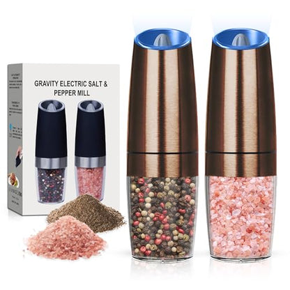 Battery Operated Salt And Pepper Grinder Set 2 Pack (Copper) | Gravity-Activated Automatic Grinder With Led Light & Adjustable Coarseness, Each Uses 6 Aaa Batteries,Kitchen Daily Seasoning - color: Battery/2pcs/Copper