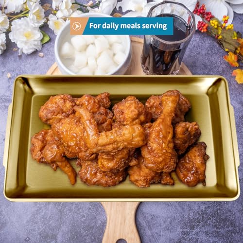 Large Stainless Steel Serving Platter, 15.7" Rectangle Camping Plate, Vanity Organizer Tray for BBQ, Party, Buffet, Appetizer, Bathroom Supplies (Brushed Gold)