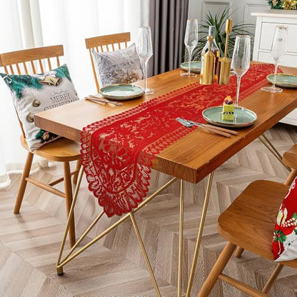 Christmas Table Runner Red Christmas Runner for Table Lace Table Runner Crochet Lace Table Runner Laces Runner Dresser Scarf Rectangular Laces Doilies for Christmas Wedding Home Dining Table Decor - size: 13 x 54 Inch, style: Red